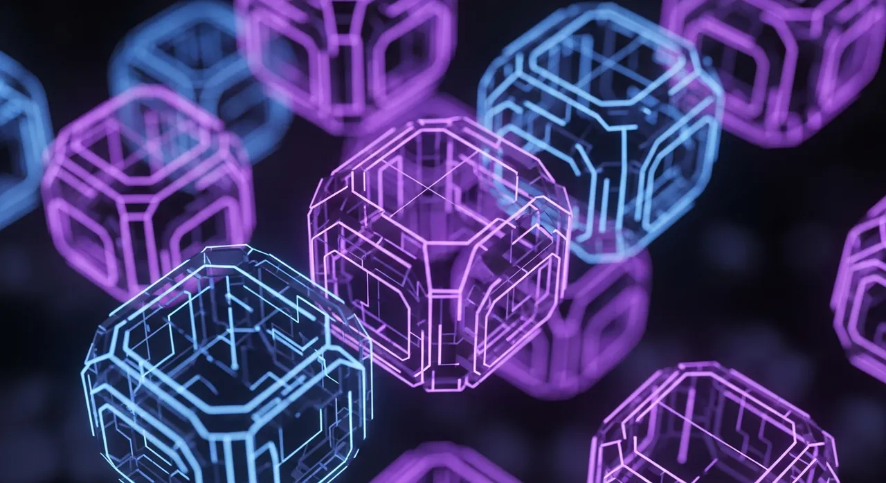 Abstract 3D glowing shapes representing data and connectivity
