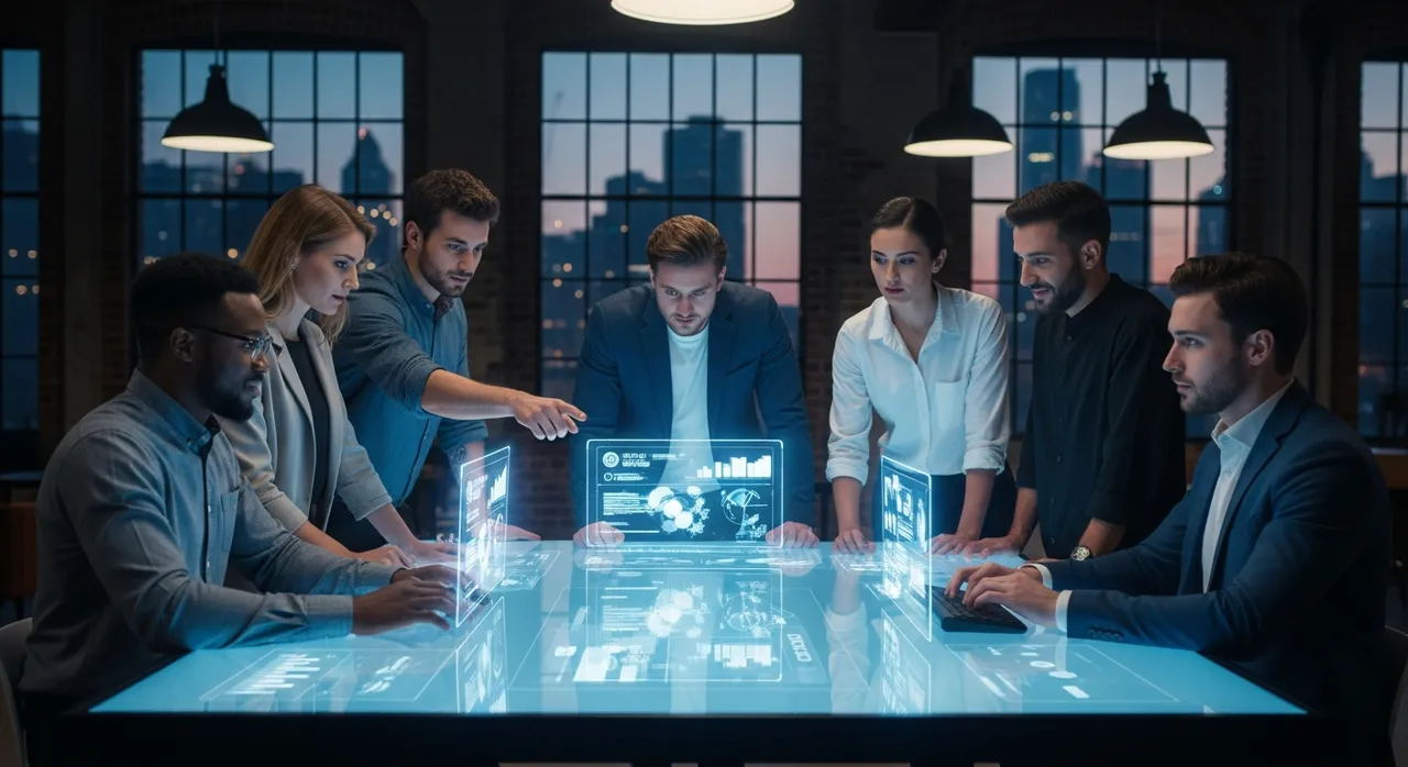 Modern diverse team collaborating around a glowing digital table