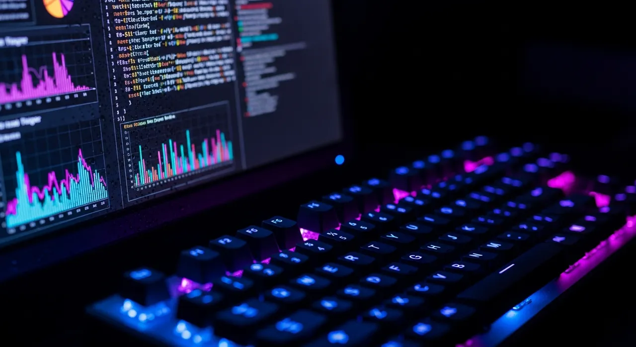 Close up of a mechanical keyboard and glowing screen displaying code